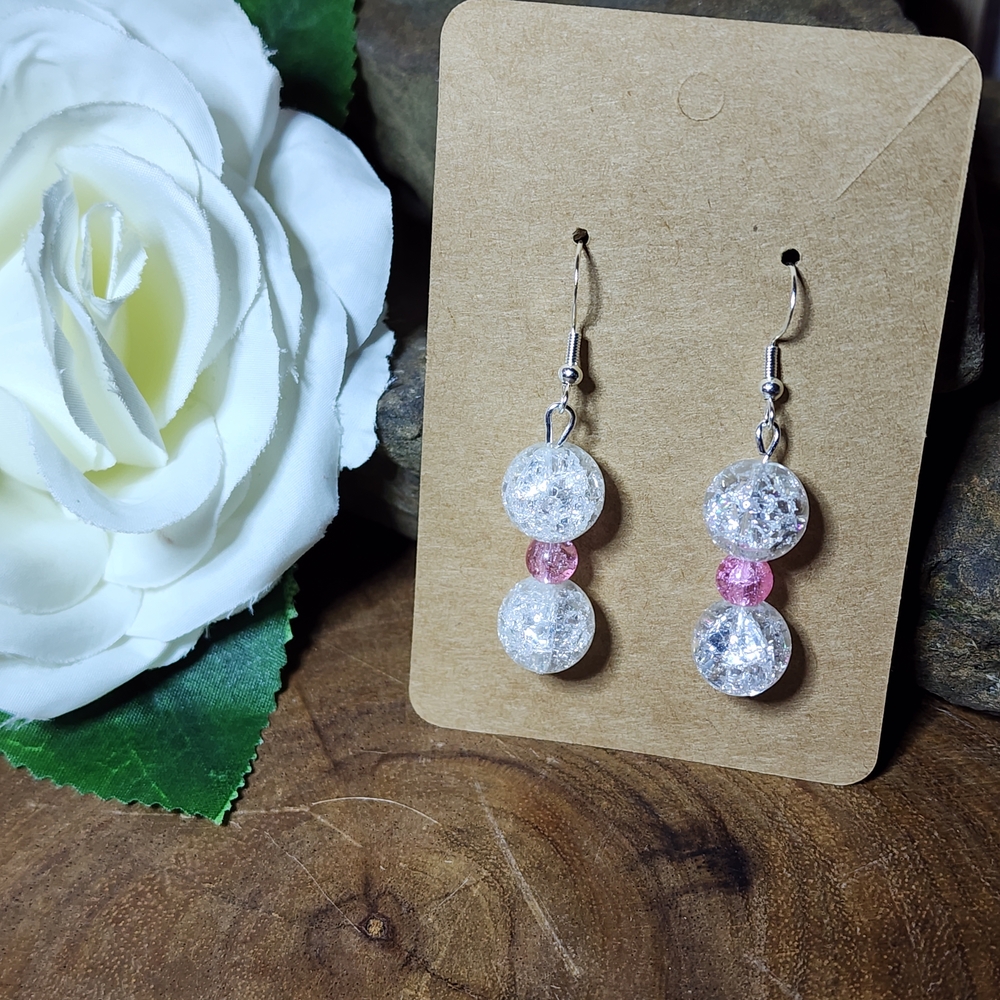 Hand Crafted Pink And Clear Crackled Glass and Silver Toned Dangle Drop Earrings